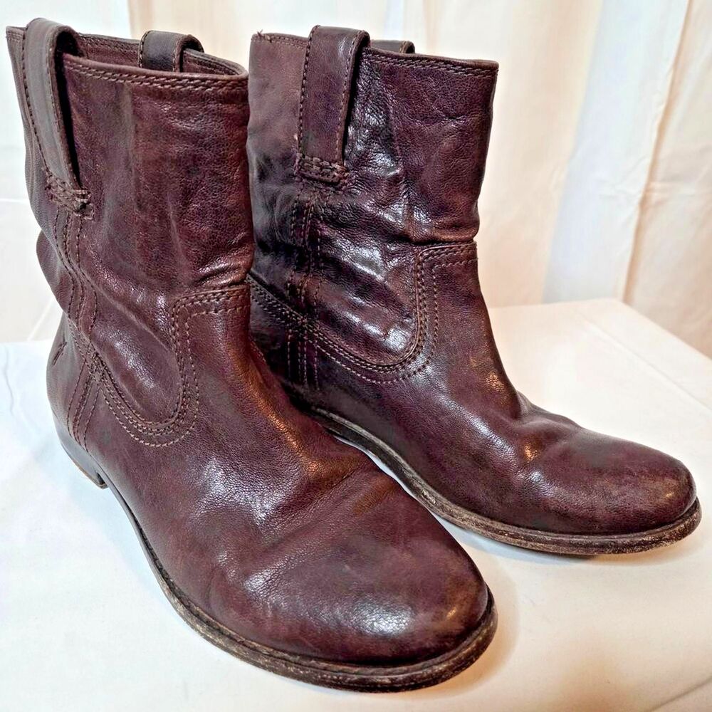 Frye Women's Leather Mid Calf Boots Dark Brown Pull On Moto Riding Size 6 M